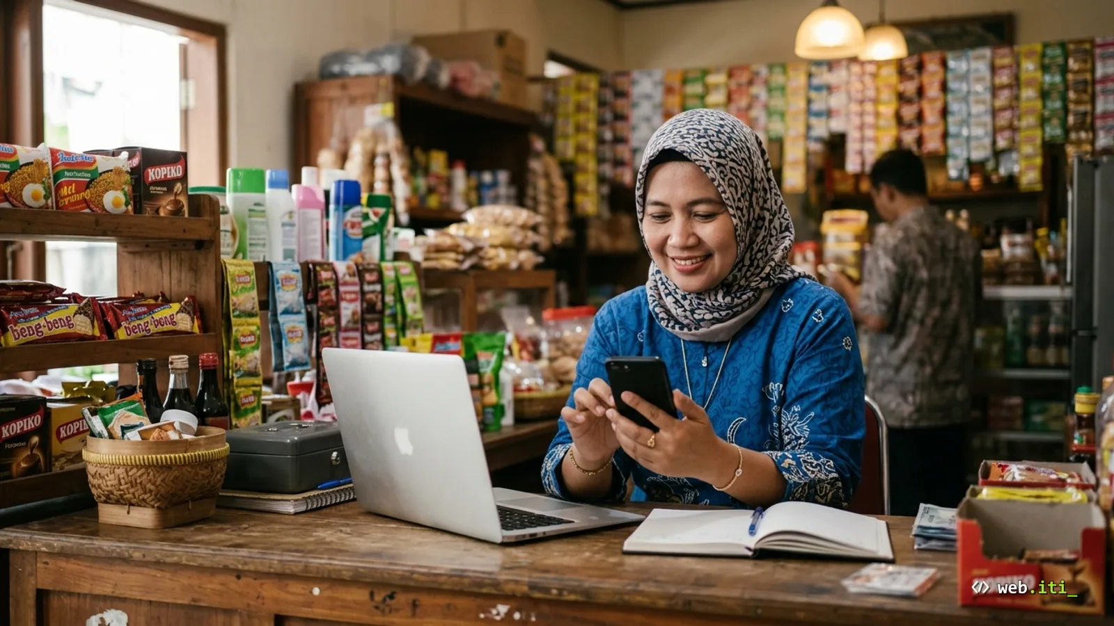 Robot kecil ramah duduk di samping bubble chat WhatsApp UMKM yang membalas pertanyaan pelanggan otomatis pada jam dua pagi