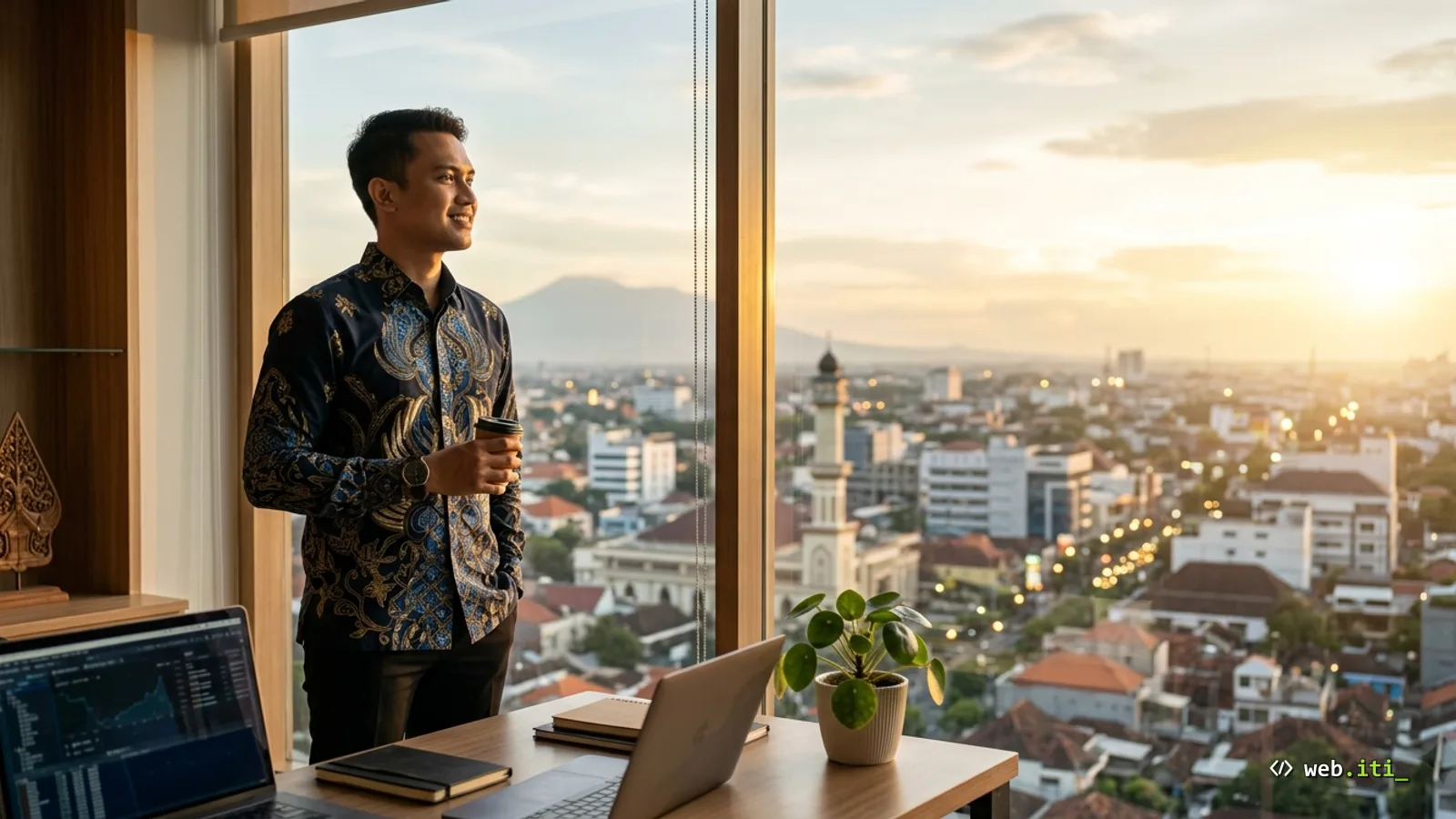 Surabaya and Jakarta skylines linked by data cables beside a balanced scale