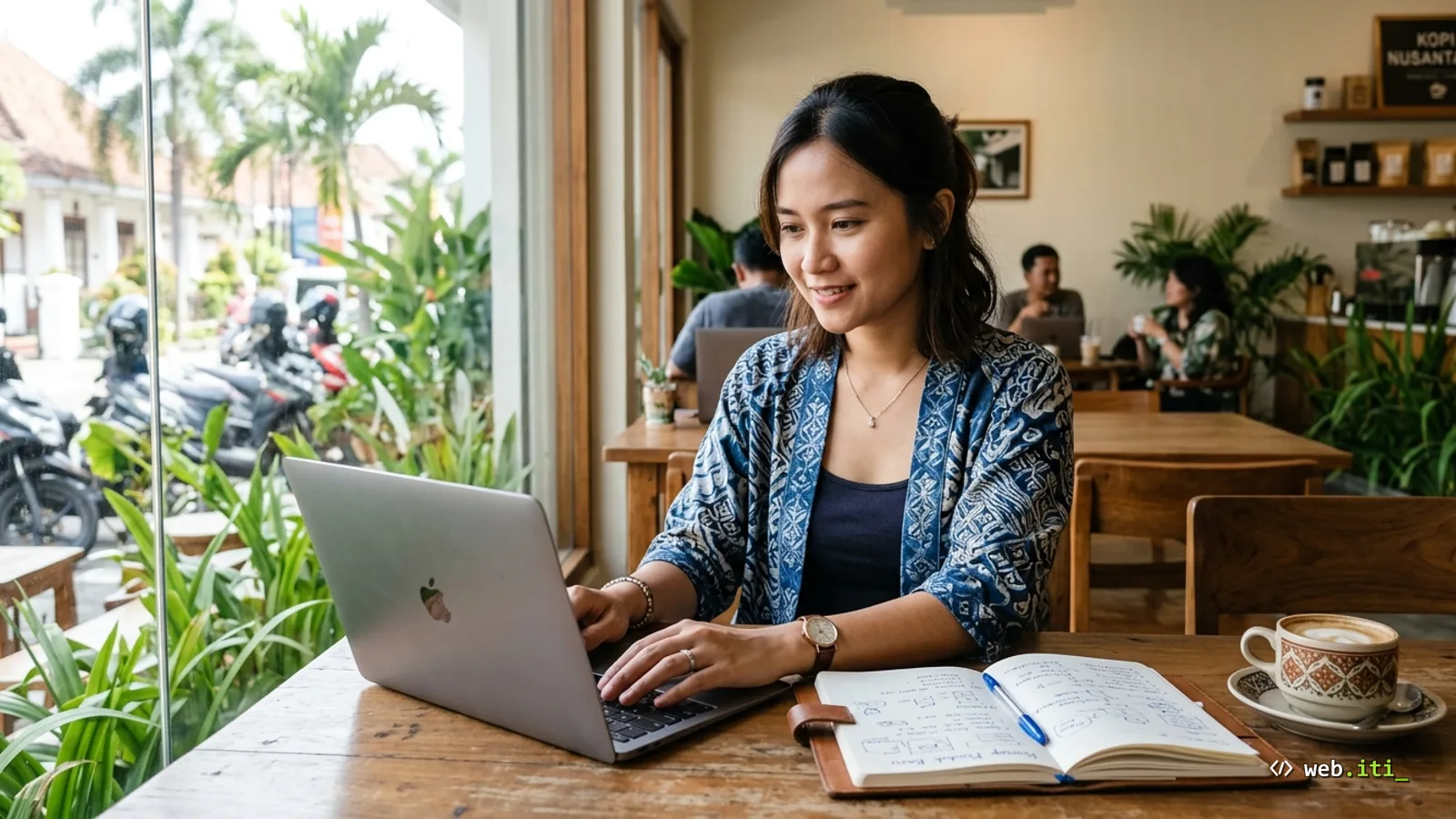 Sketsa peta langkah-demi-langkah dari ide bisnis sampai website online, dengan kompas di tengah memberi arah