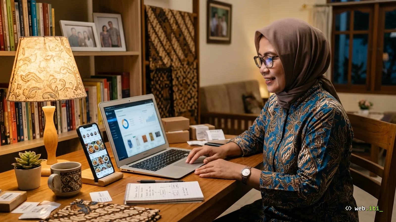 Dashboard Meta Ads Manager terbuka di laptop dengan kolom audience, pixel, dan budget harian, diapit logo Facebook dan Instagram