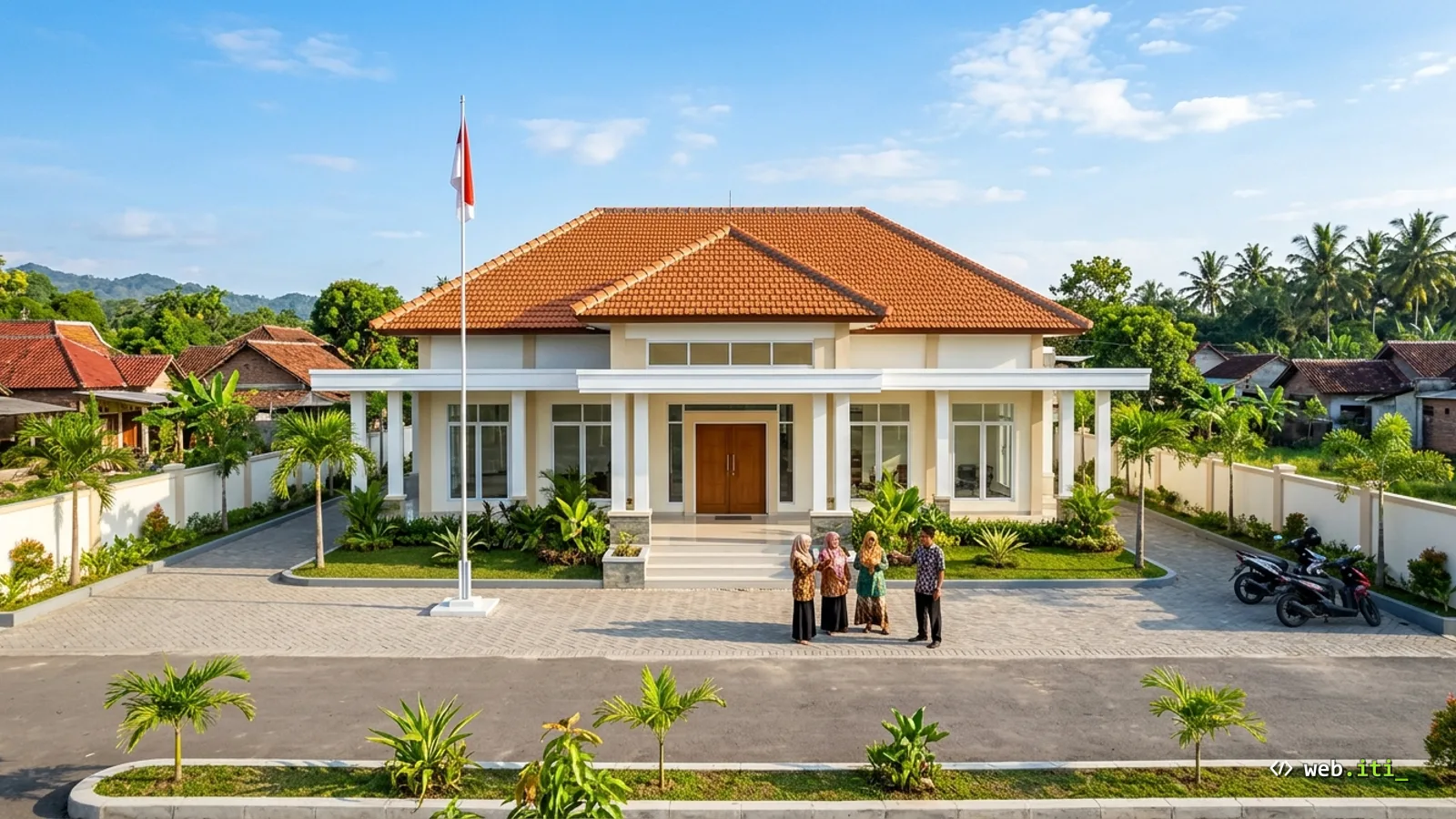 Mockup halaman beranda website desa modern menampilkan layanan administrasi, papan APBDes, dan direktori UMKM dalam satu layar tablet