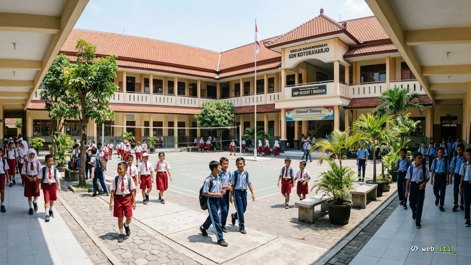Gerbang sekolah dengan layar tablet di latar depan menampilkan form PPDB online, galeri prestasi siswa, dan kalender akademik