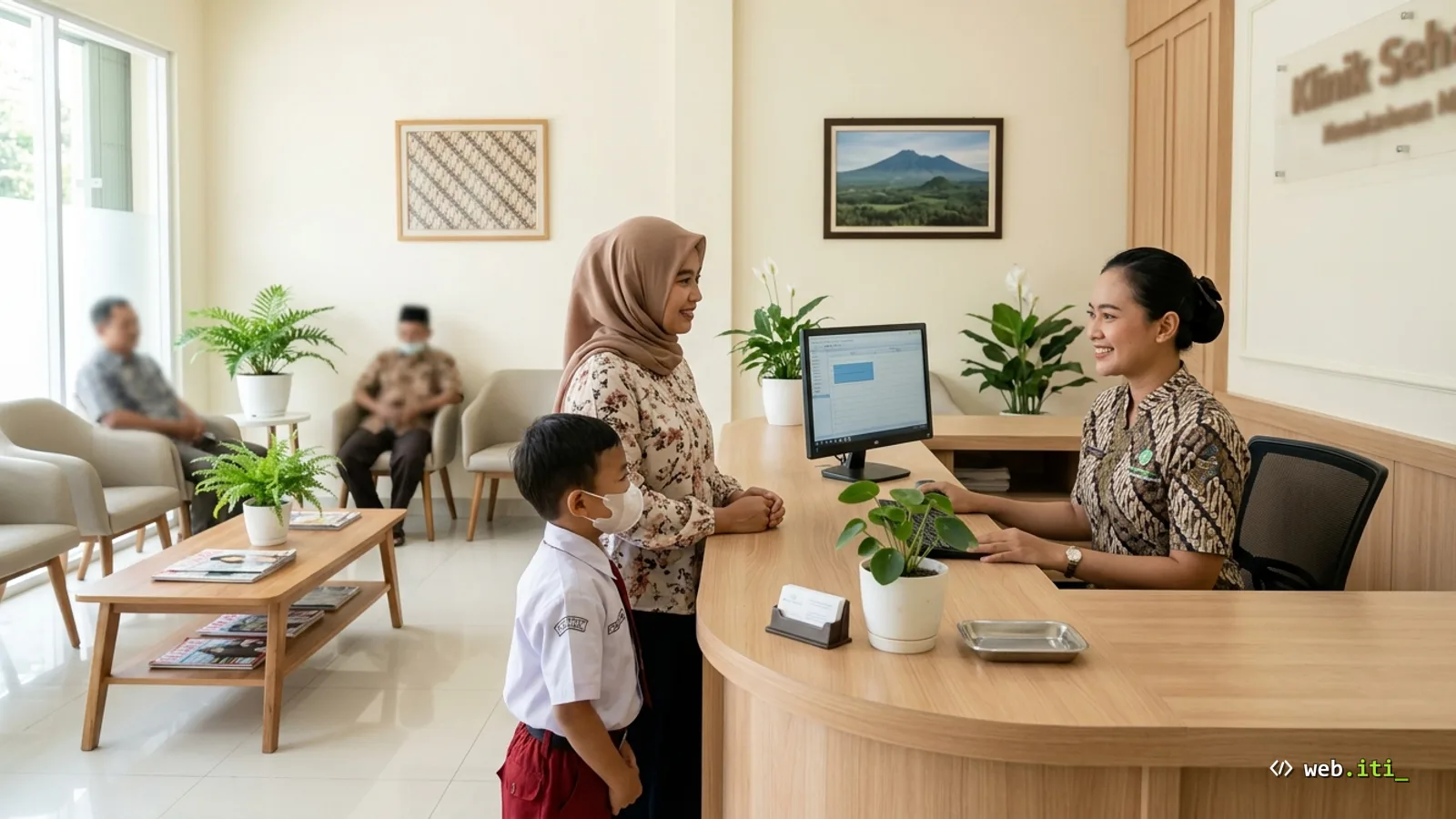 Stetoskop di atas tablet dengan halaman booking klinik, profil dokter, dan sertifikat praktik