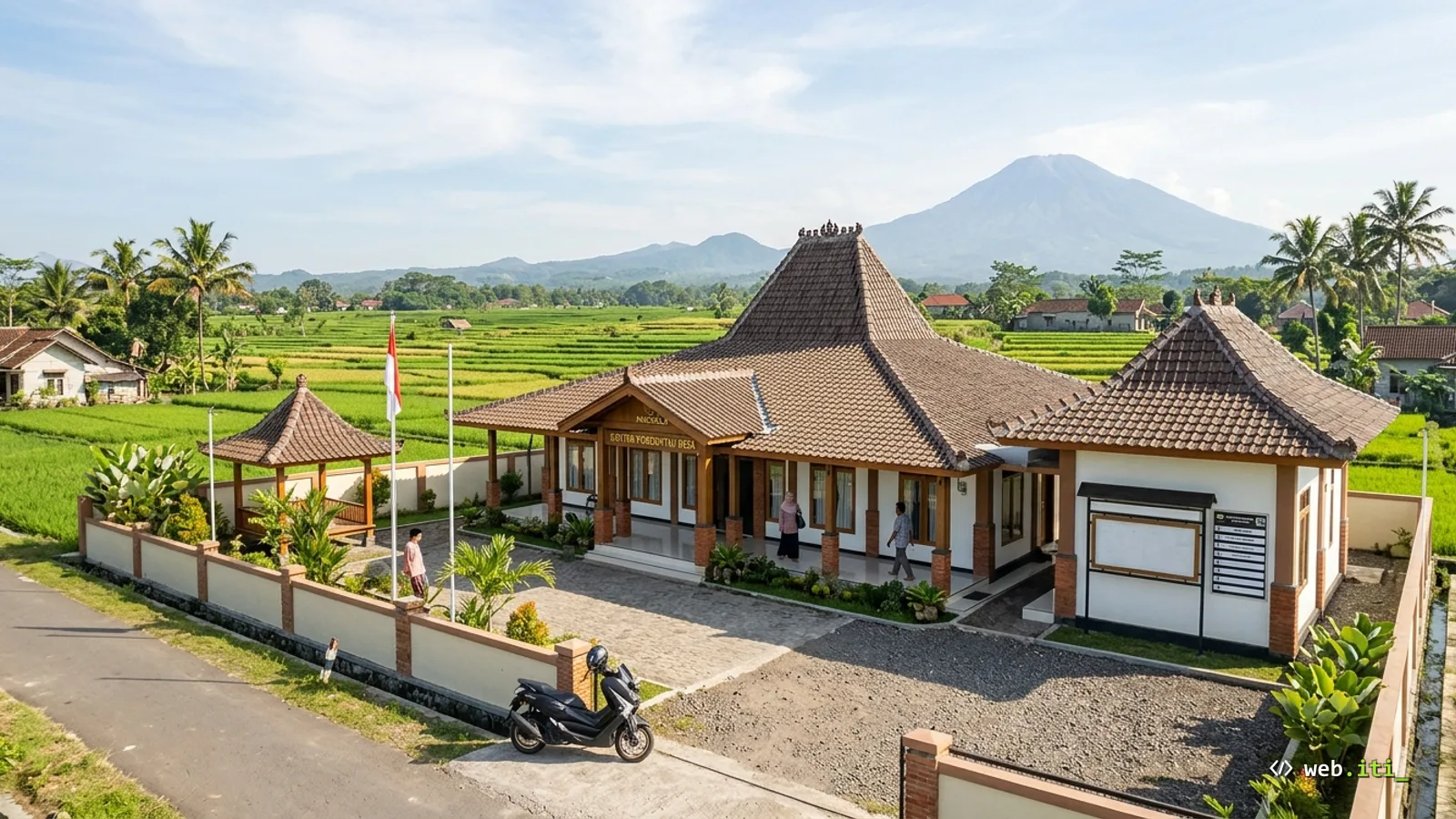 Balai desa kayu di lereng pegunungan dengan layar laptop terbuka menampilkan dashboard transparansi APBDes di latar depan